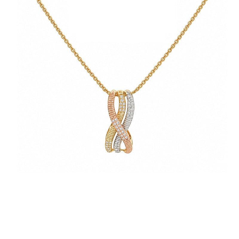 Elegant tricolor gold pendant necklace with matching hoop earrings adorned with diamonds