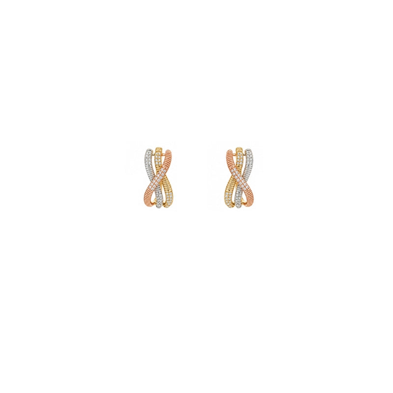 Elegant tricolor gold pendant necklace with matching hoop earrings adorned with diamonds