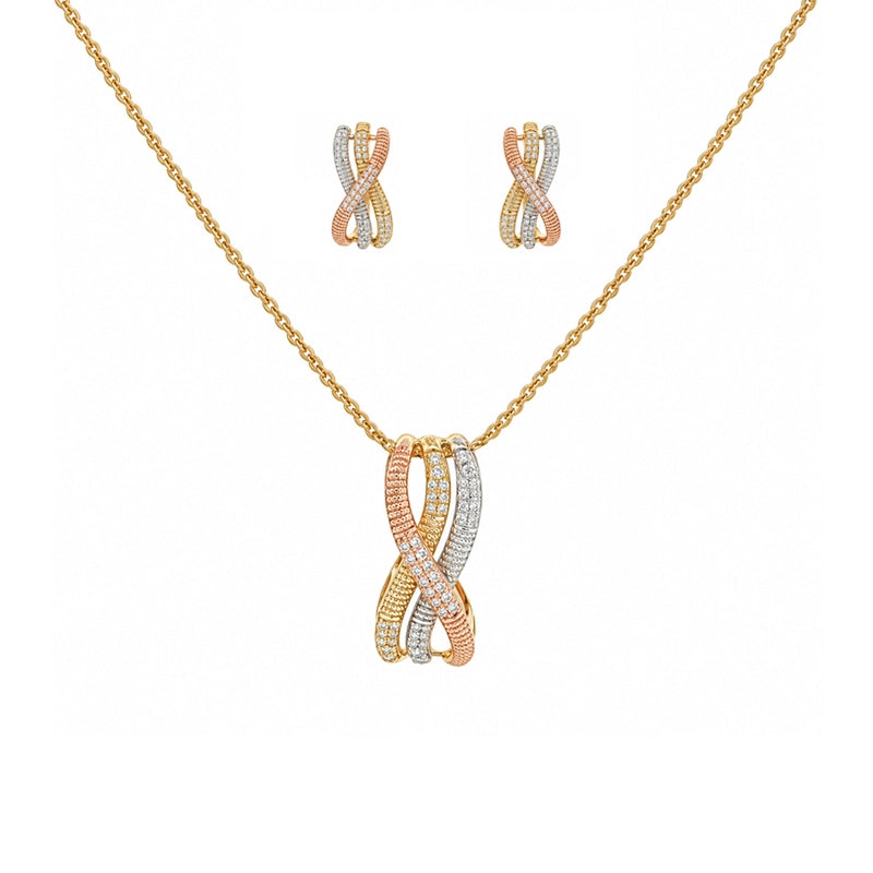 Elegant tricolor gold pendant necklace with matching hoop earrings adorned with diamonds