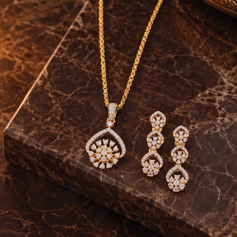 Elegant 18k Yellow Gold Diamond Pendant with Matching Earrings and 16 Inch Chain
