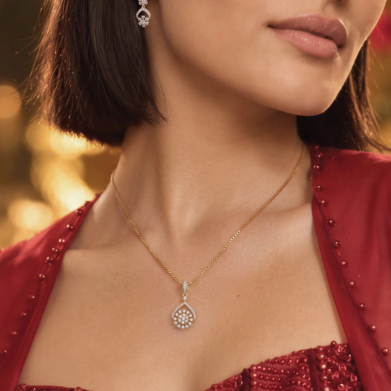 Elegant 18k Yellow Gold Diamond Pendant with Matching Earrings and 16 Inch Chain