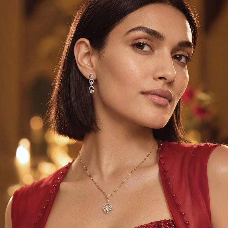Elegant 18k Yellow Gold Diamond Pendant with Matching Earrings and 16 Inch Chain