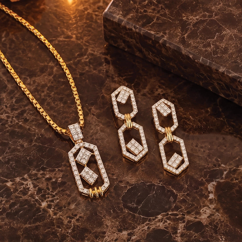 Elegant 18k Yellow Gold Diamond Pendant Set with Hanging Earrings and Chain