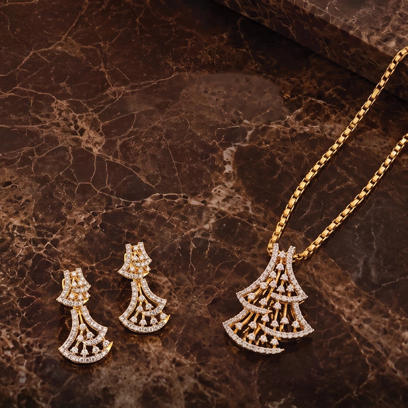Elegant 18k yellow gold diamond pendant and hanging earrings set with chain