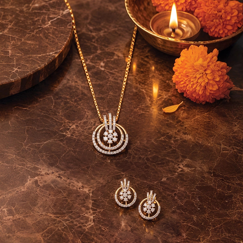 Elegant 18K Yellow Gold Diamond Pendant Set with Hanging Earrings and Chain
