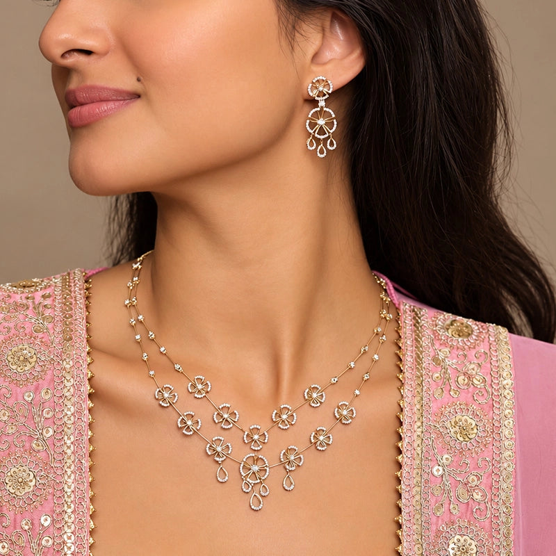 Elegant floral layered necklace and matching hanging earrings set for women