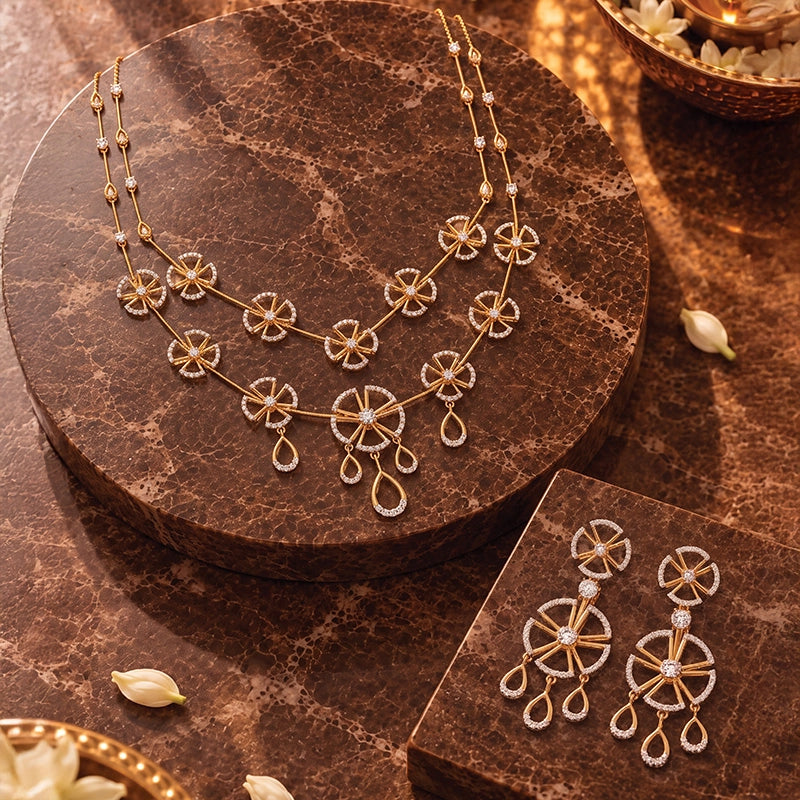 Elegant floral layered necklace and matching hanging earrings set for women