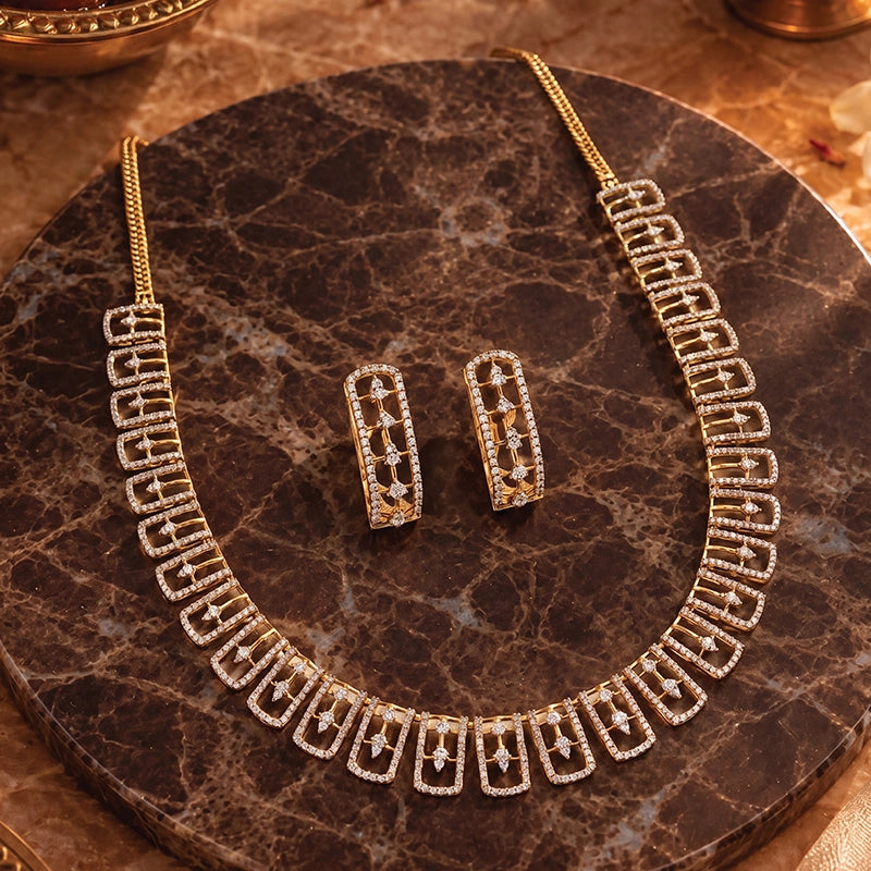 Elegant 18K Yellow Gold Necklace and Earring Set with Sparkling Diamonds