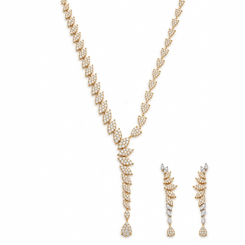 Elegant 18K Yellow Gold Statement Necklace and Hanging Earrings Set for Women