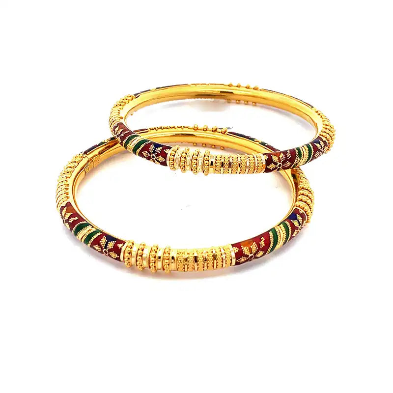 Elegant 22K Yellow Gold Kada Bangles with Intricate Enamel Work for Women size 2.8
