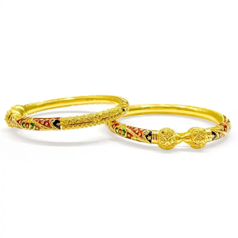Elegant 22K Yellow Gold Bangle Set with Beautiful Enamel Detailing