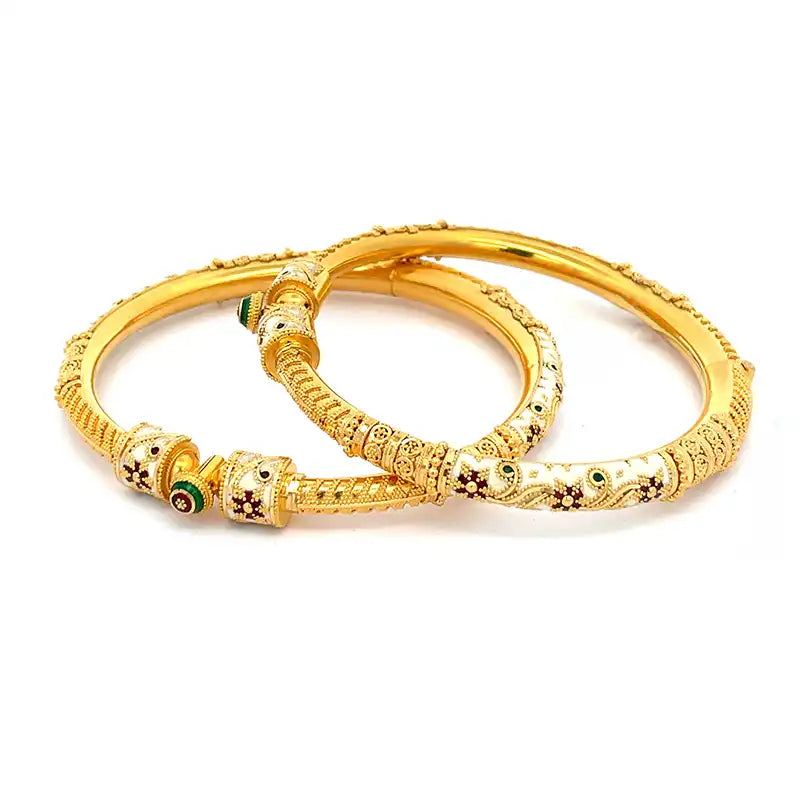 Beautiful 22K Yellow Gold Kada Bangle with Enamel Design Size 2.8