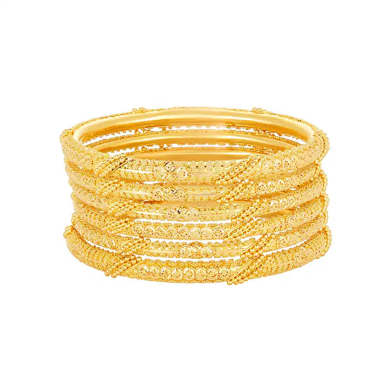 Six elegant 22k yellow gold bangles with a stylish cross-hatch pattern