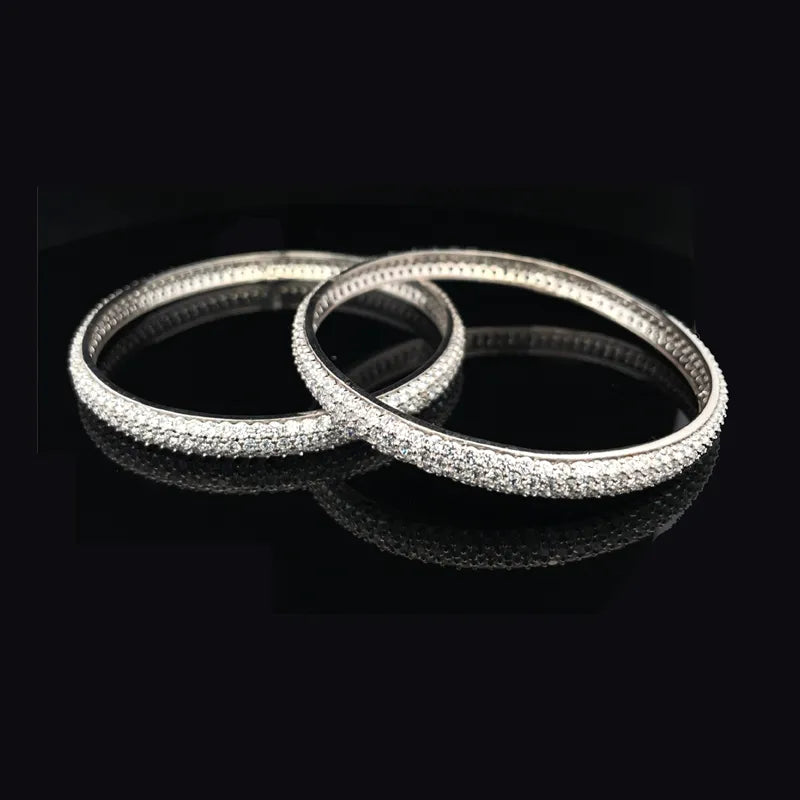 Elegant White Gold bangles with CZ  - Set of 2, Size 2.6