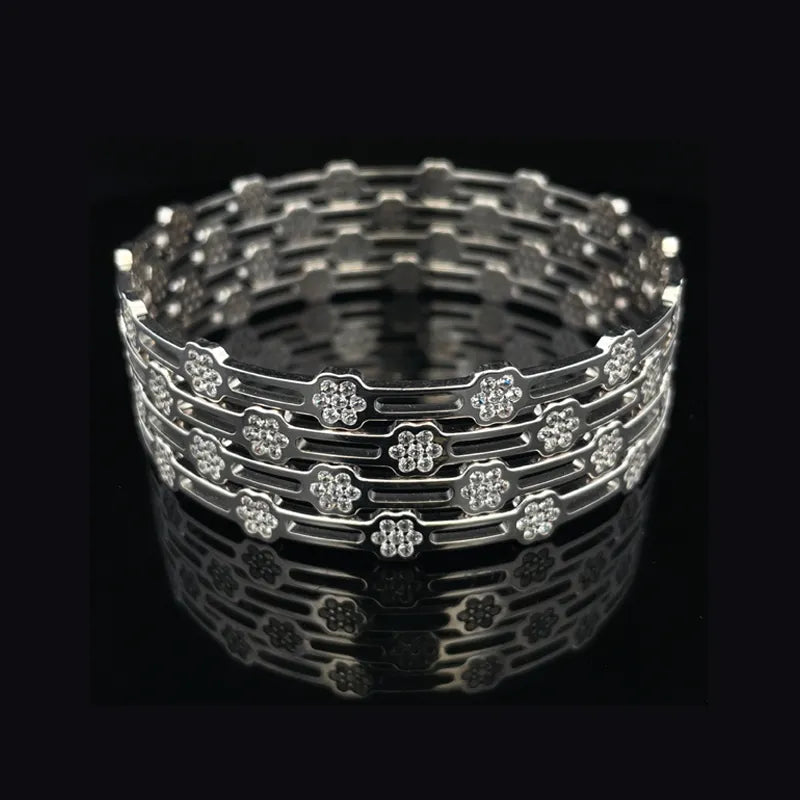 White Gold Floral bangle Set with CZ - Set of 4, Size 2.6