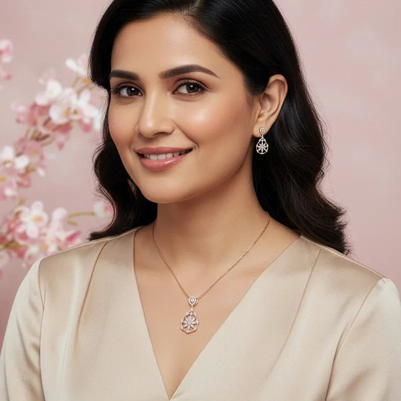Floral 18K White Gold Diamond Pendant Set