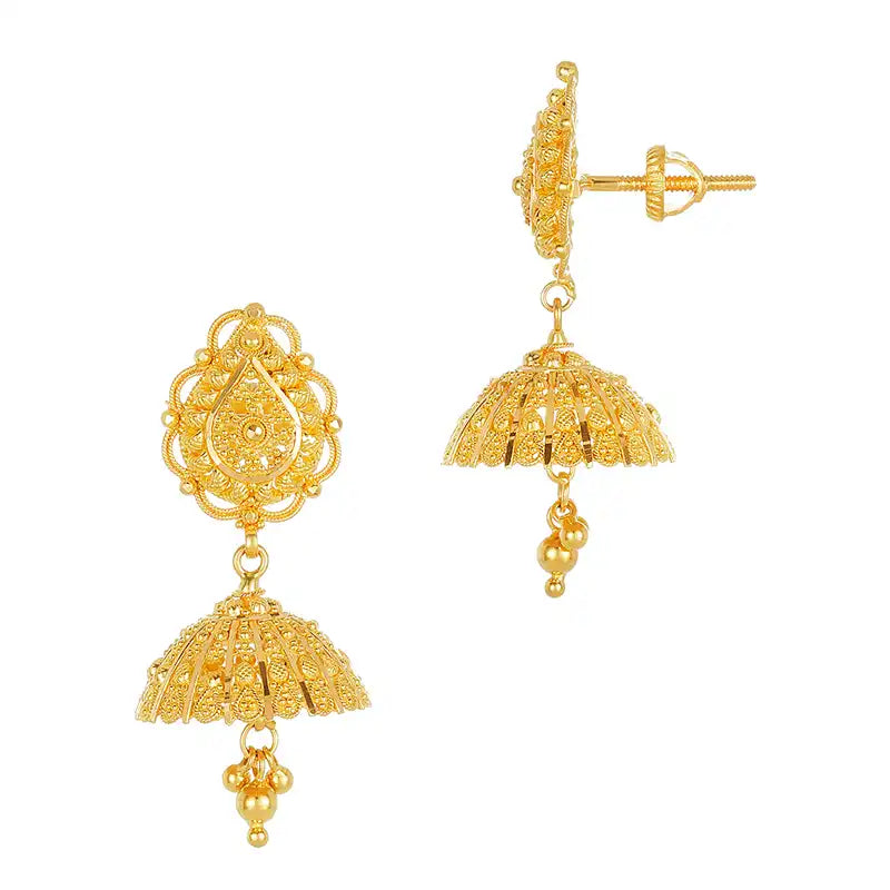 Elegant 22k Yellow Gold Drop Patterned Jhumka Earrings for Women