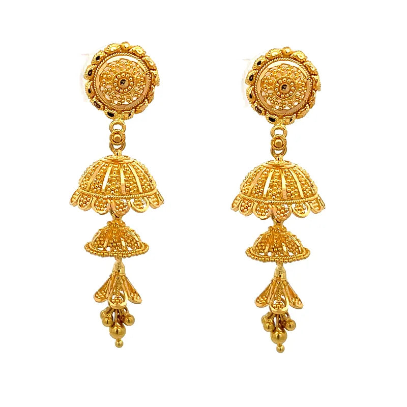 22K Yellow Gold Elegant Filigree Dangle Hanging Earrings for Women