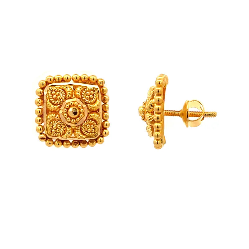 22k Yellow Gold Square Stud Earrings Simple Elegant Everyday Jewelry