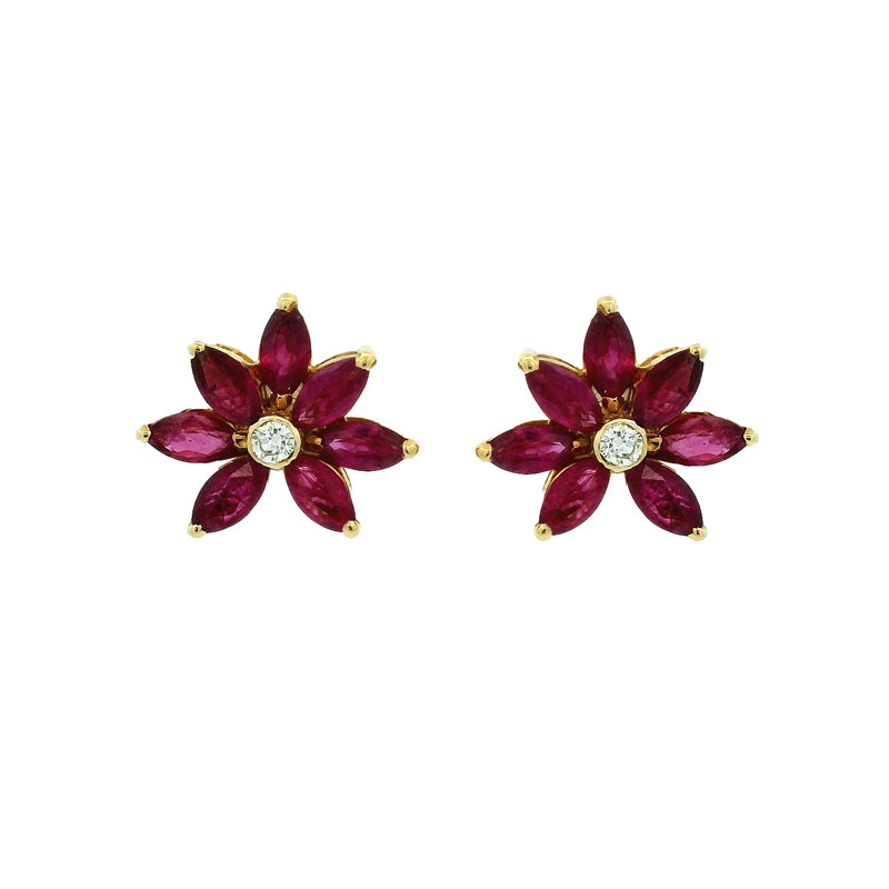 Floral Gold Diamond and Ruby Earrings