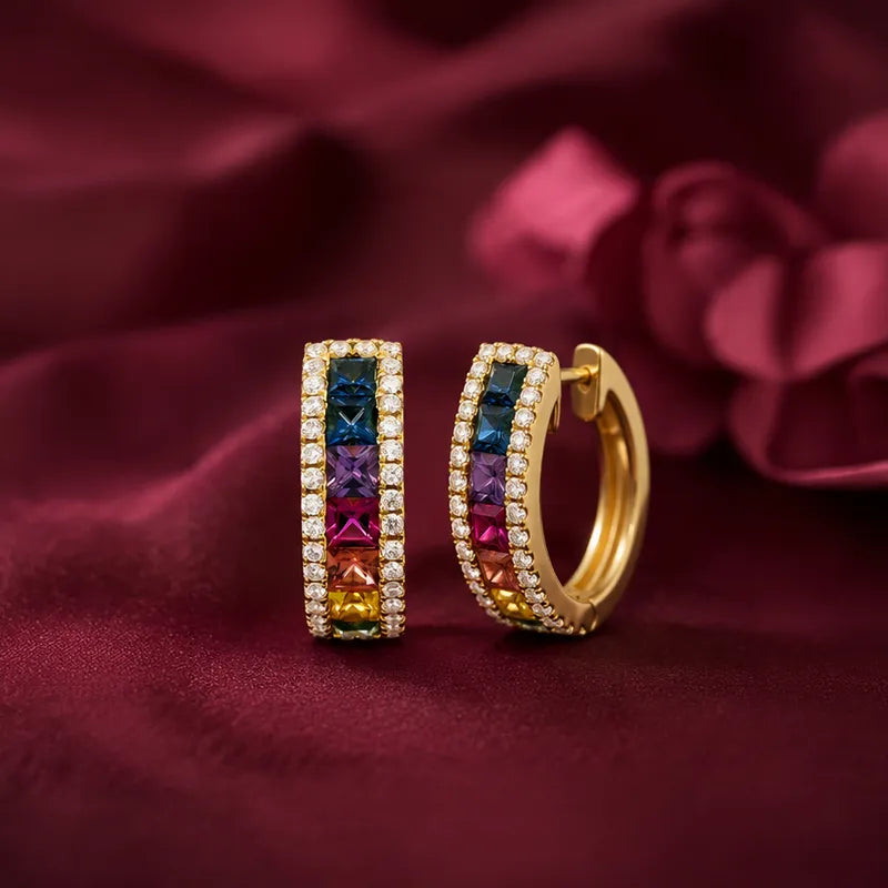18K Gold Diamond and Gemstone Hoop Earrings