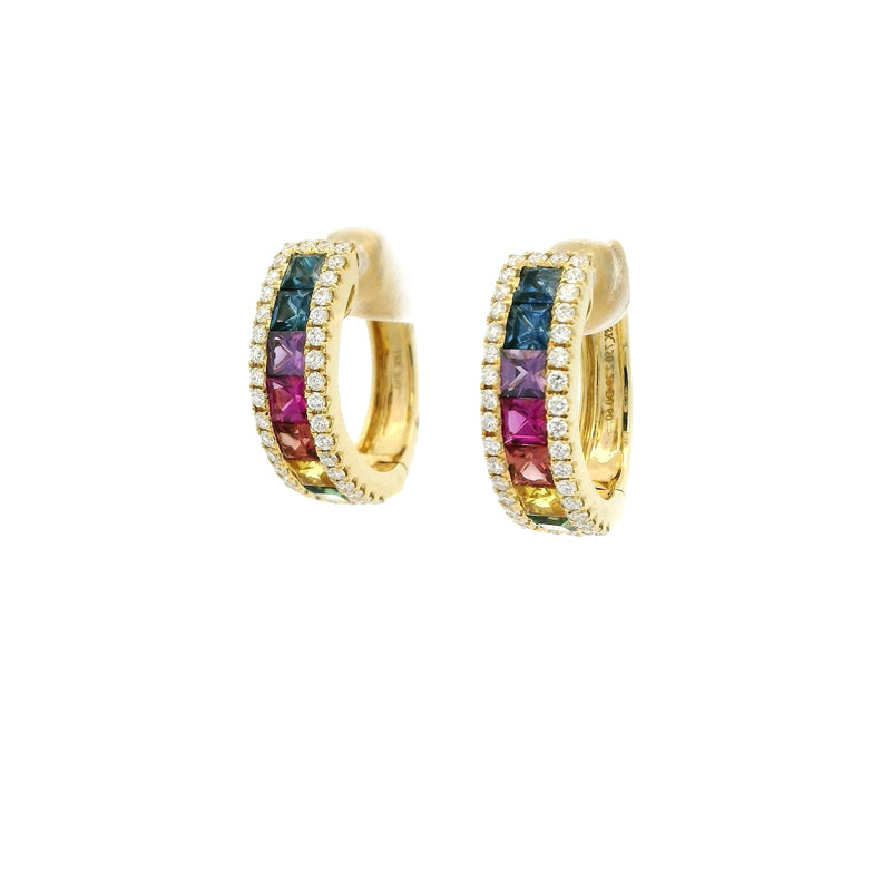 18K Gold Diamond and Gemstone Hoop Earrings