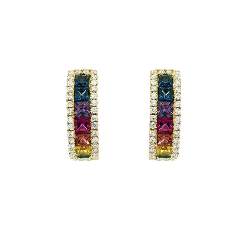 18K Gold Diamond and Gemstone Hoop Earrings
