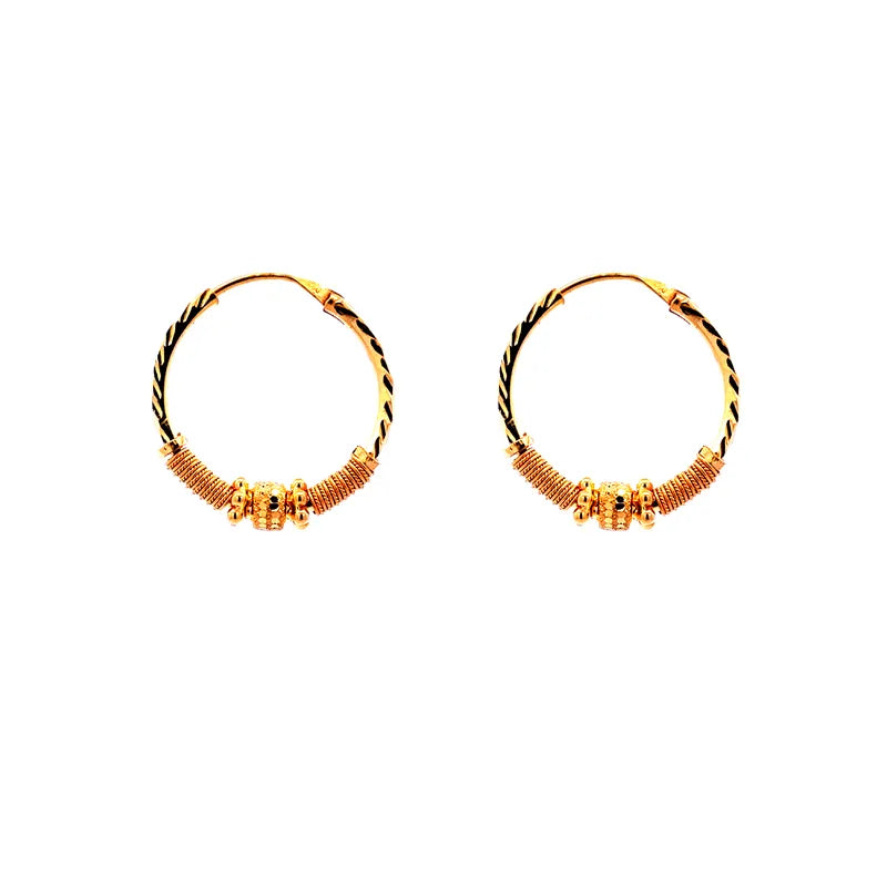22K Gold Hoop Earrings with center bead design - Diameter 22 mm