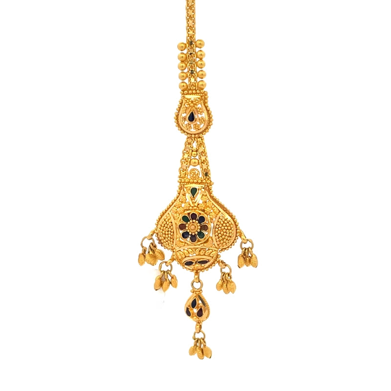 Elegant 22K Yellow Gold Maang Tikka with Detailed Minakari Craftsmanship