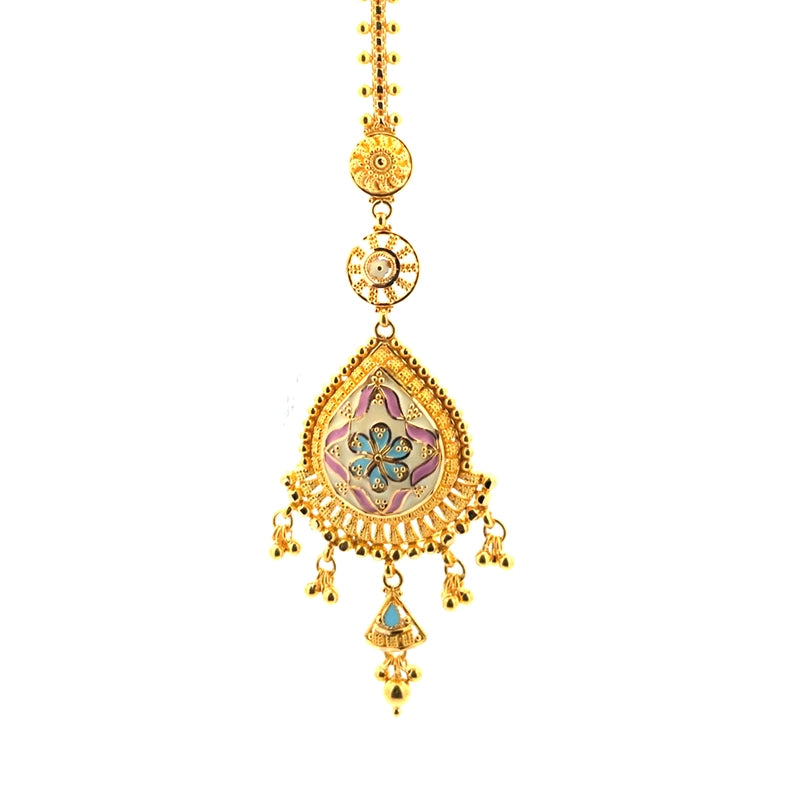 22K Yellow Gold Maang Tikka with Detailed Minakari for Elegant Traditional Wear