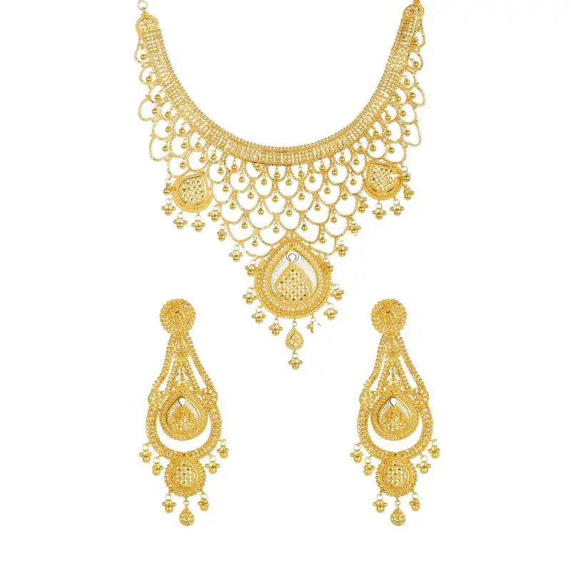 22K Gold Elaborate Necklace and Long hanging Earring Set