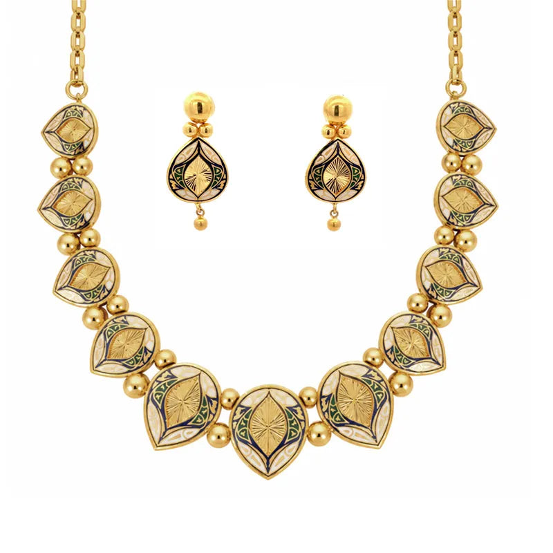 Elegant 22K Yellow Gold Enamel Necklace and Earrings Set for Women