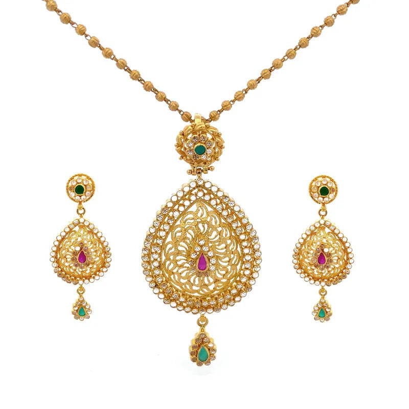 Elegant 22K Yellow Gold Necklace and Earrings Set with Sparkling CZ Accents