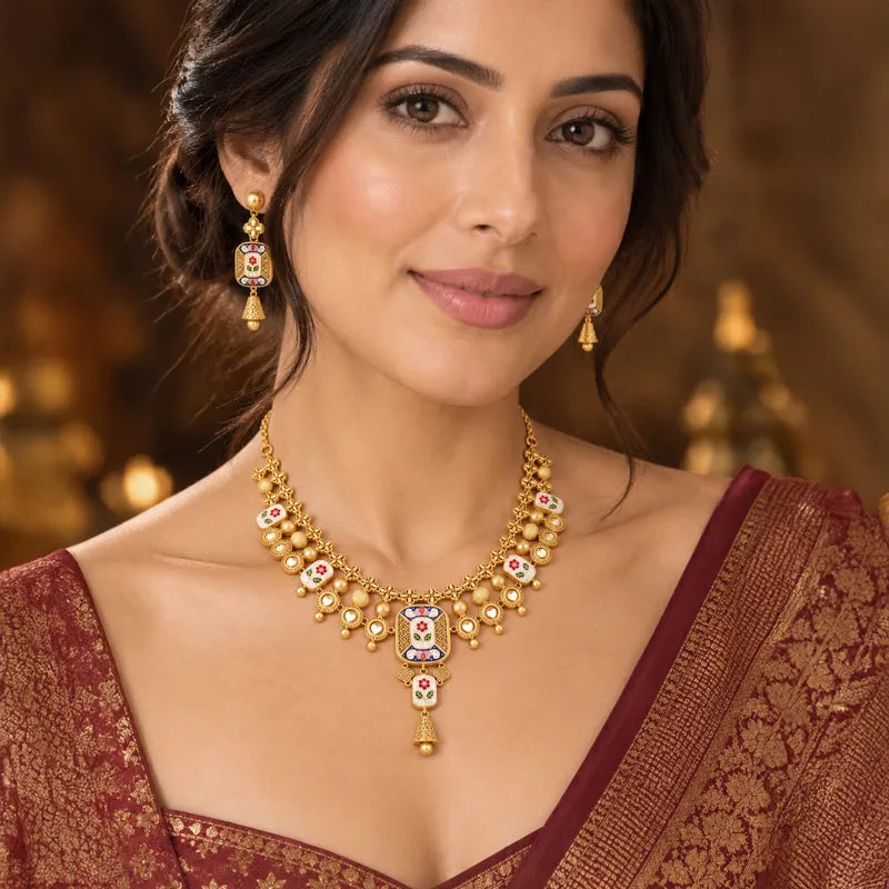 Elegant 22K Yellow Gold Enamel Necklace and Earrings Set for Women