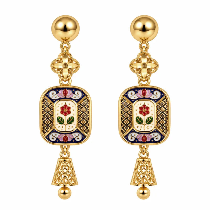 Elegant 22K Yellow Gold Enamel Necklace and Earrings Set for Women