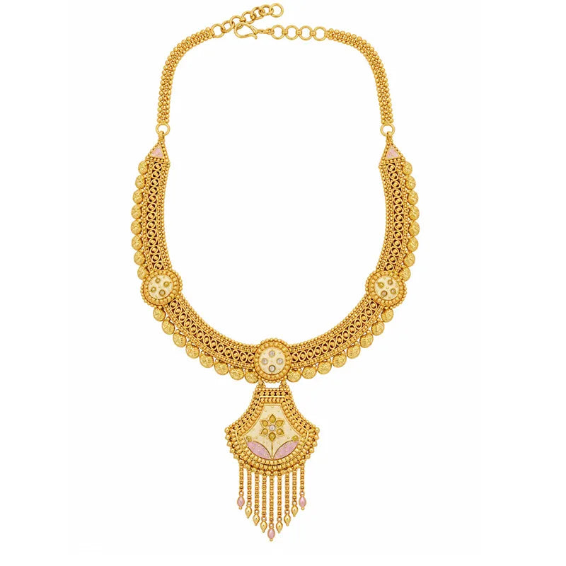 Elegant 22K Yellow Gold Minakari Necklace and Earrings Set for Women
