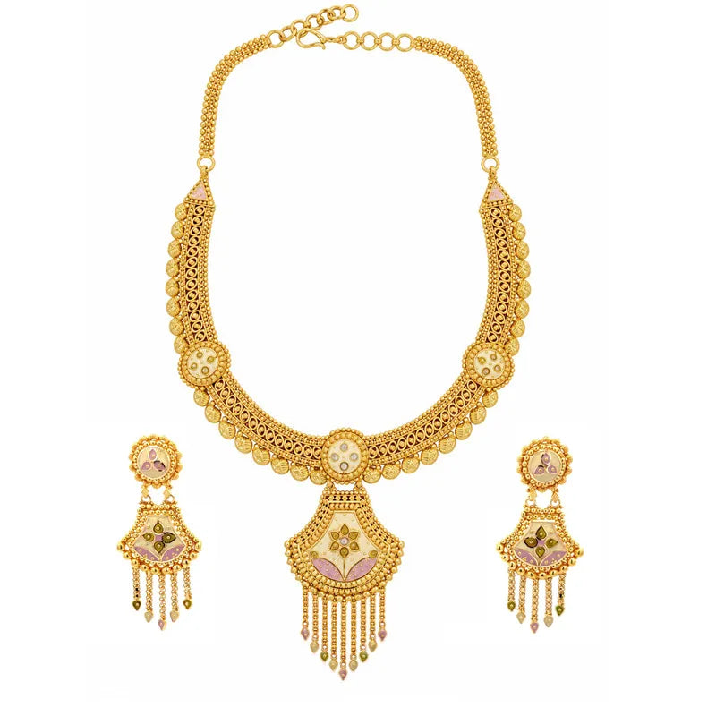 Elegant 22K Yellow Gold Minakari Necklace and Earrings Set for Women
