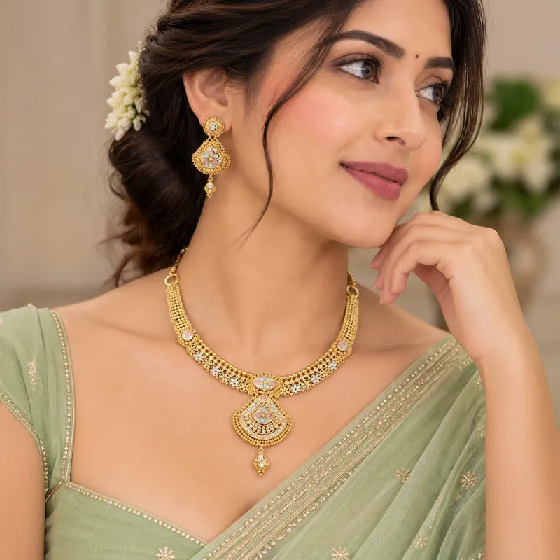 Elegant 22K Yellow Gold Minakari Enamel Necklace and Earrings Set for Women