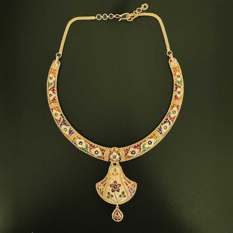 22K Gold Enamel Necklace and Earrings Set - Minakari