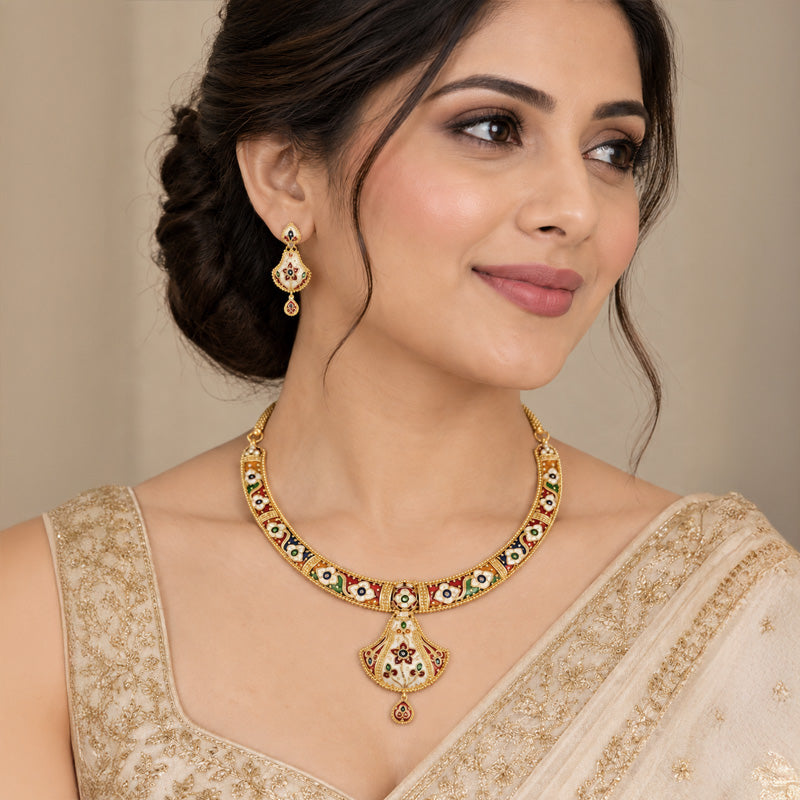 22K Gold Enamel Necklace and Earrings Set - Minakari