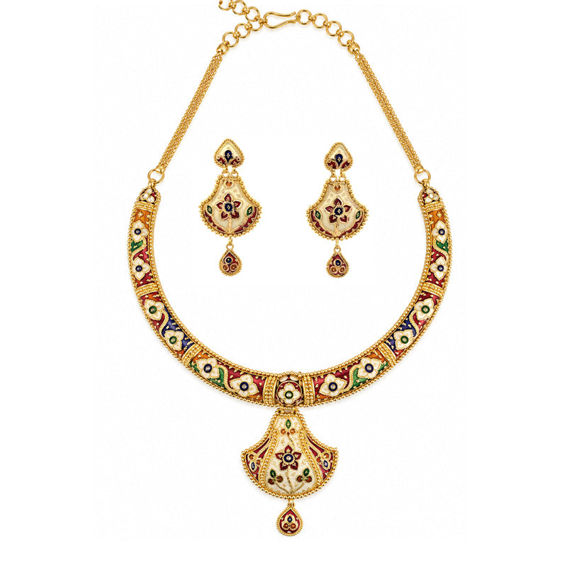 22K Gold Enamel Necklace and Earrings Set - Minakari