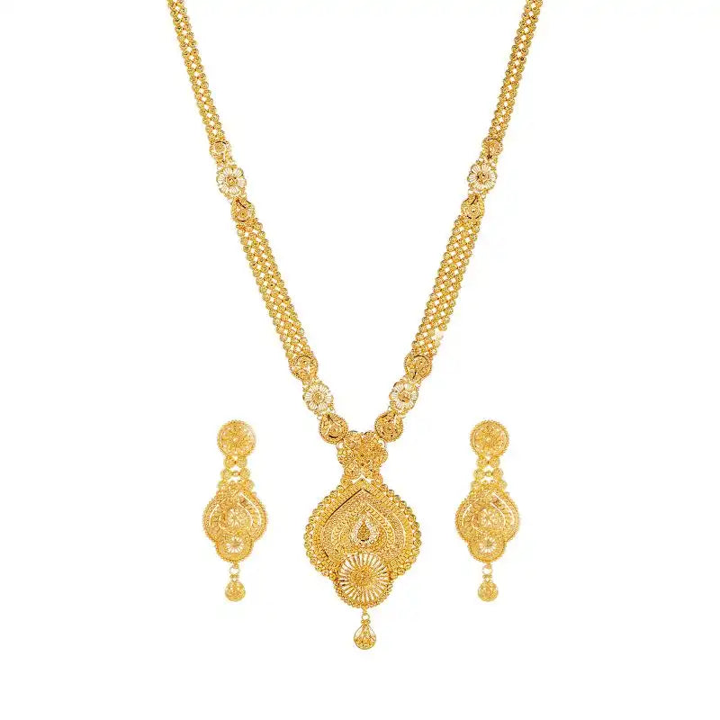 22K Gold Long Necklace and Hanging Earring Set