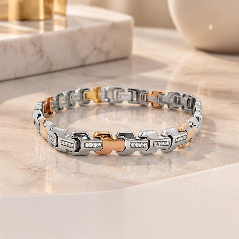 Men Bracelet in Platinum, 18K Rose Gold and Diamonds - Size 8.5