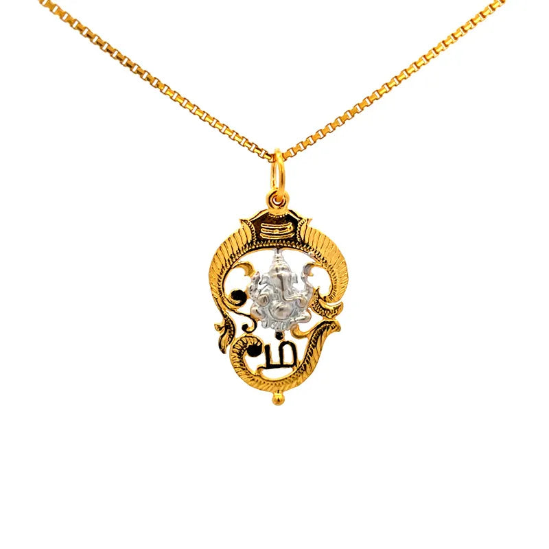 Dual-Tone Yellow Gold Ganesha and Om Devotional Pendant