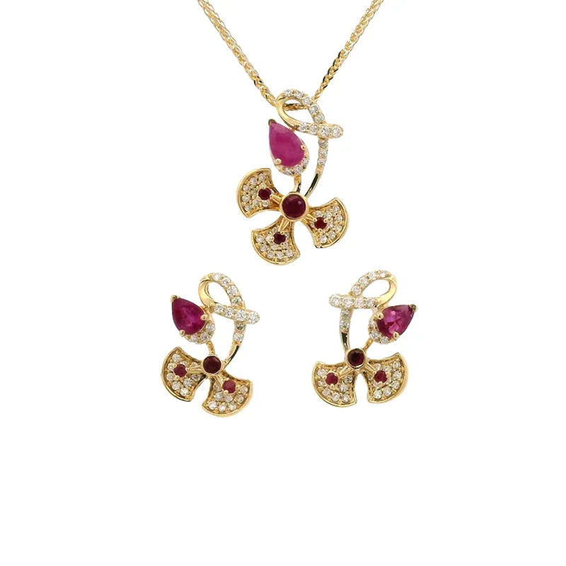 Floral Ruby Diamond Pendant Set