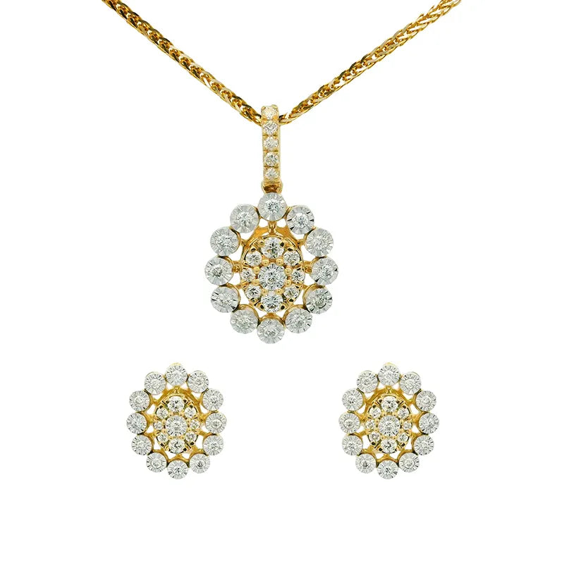 Elegant Diamond Floral Pendant and Earrings - Oval