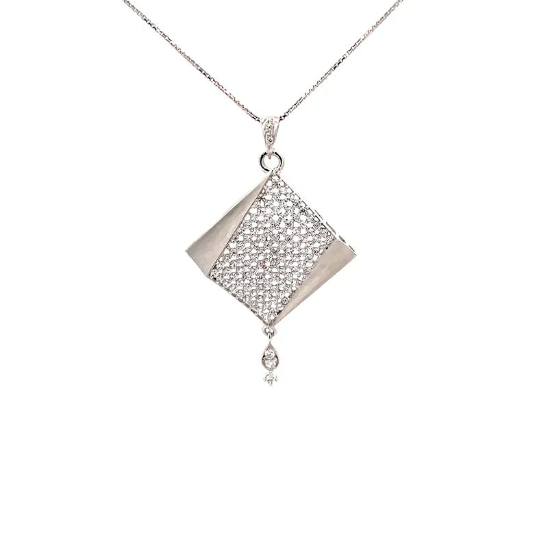 Elegant 18K White Gold Rhombus Pendant Set with Sparkling CZ Stones for Everyday Charm