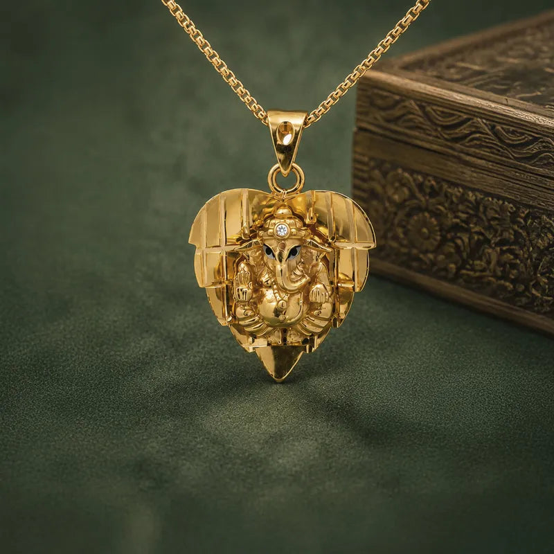 Lord Ganesh 22K Gold Pendant - Leaf shaped