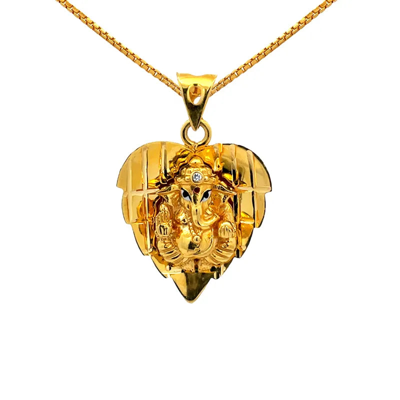Lord Ganesh 22K Gold Pendant - Leaf shaped