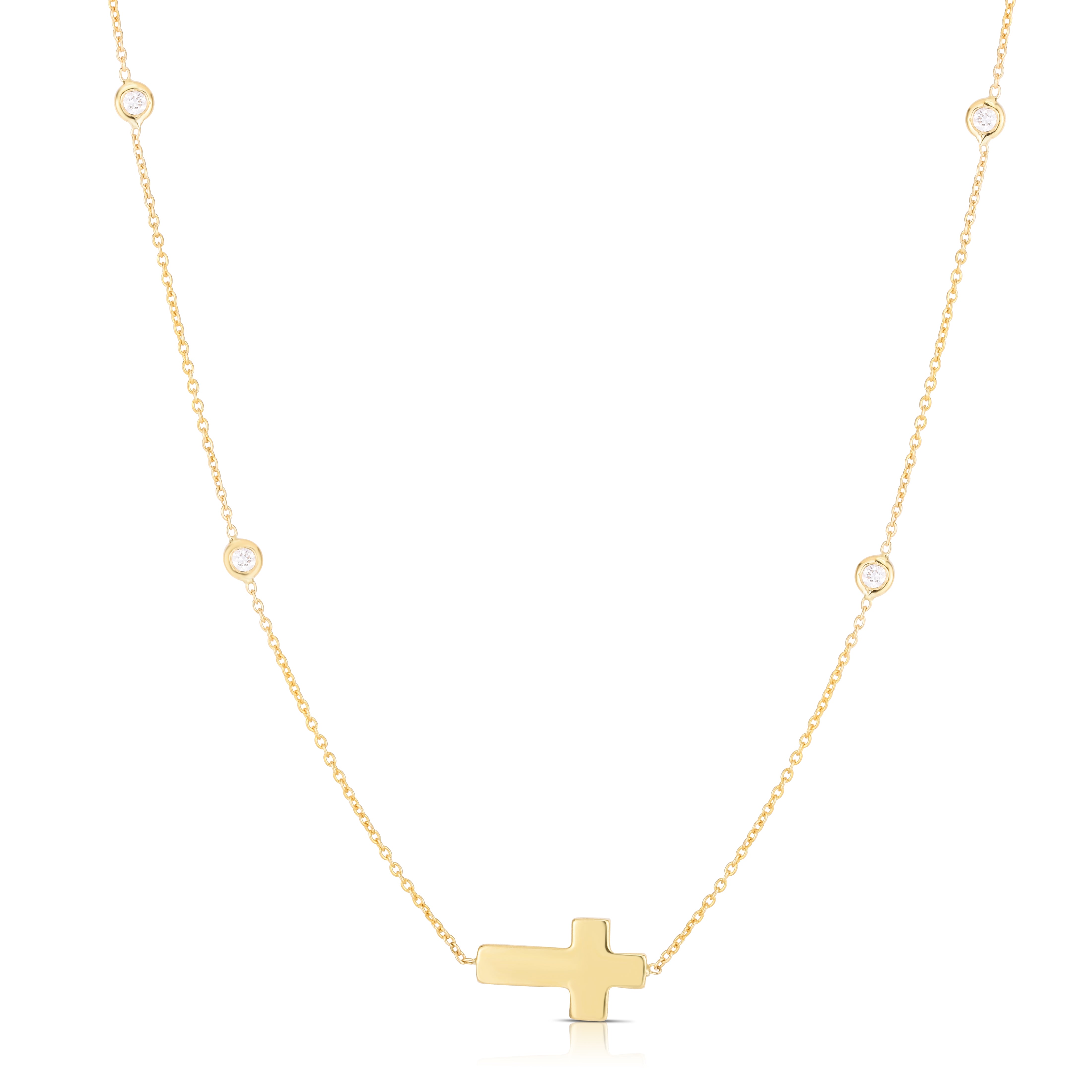 18K YELLOW GOLD TINY TREASURES DIAMOND STATIONS & INTERGRATED CROSS NECKLACE